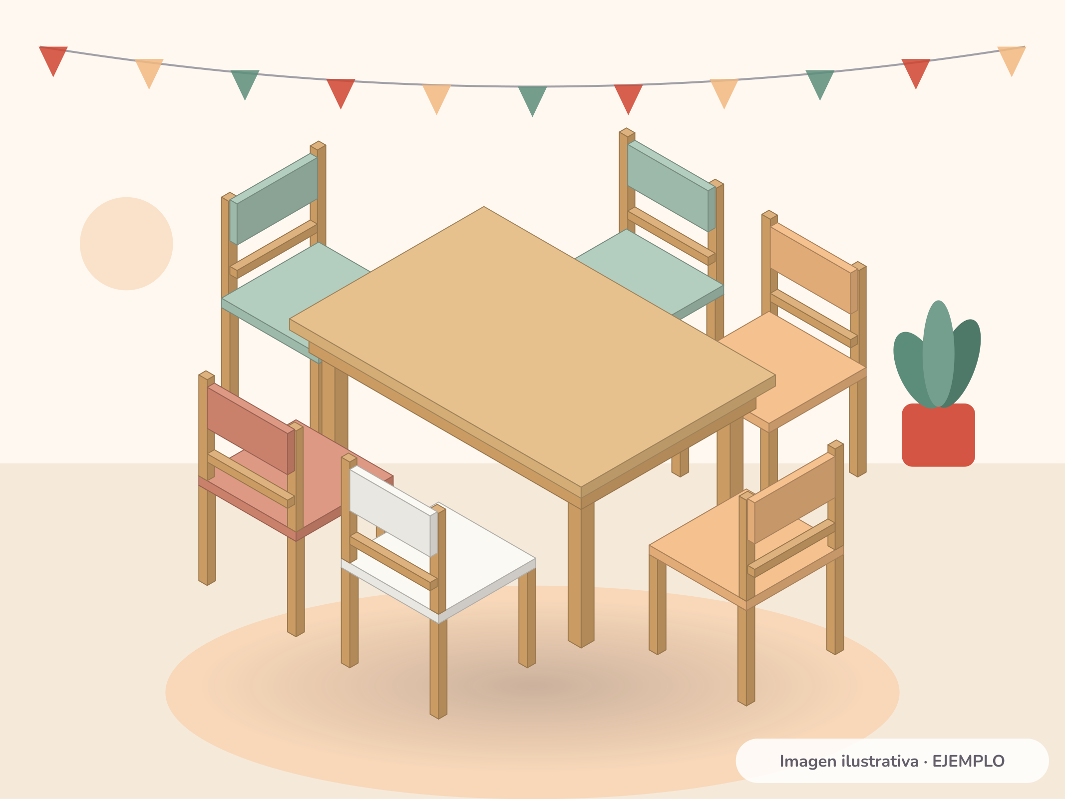 Ilustración de la mesa rectangular infantil de madera con 6 sillas de colores