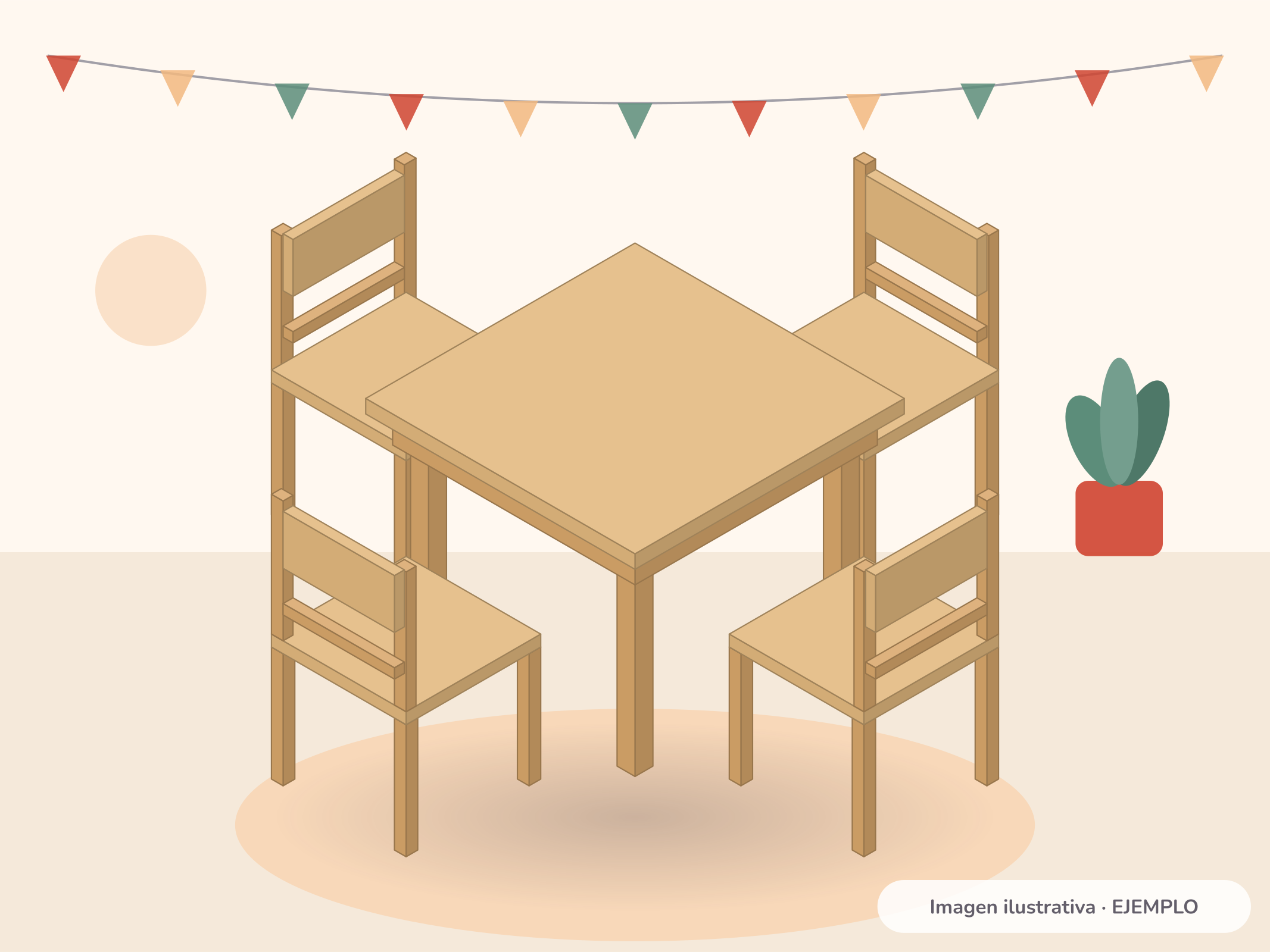 Ilustración de la mesa cuadrada infantil de madera con 4 sillas
