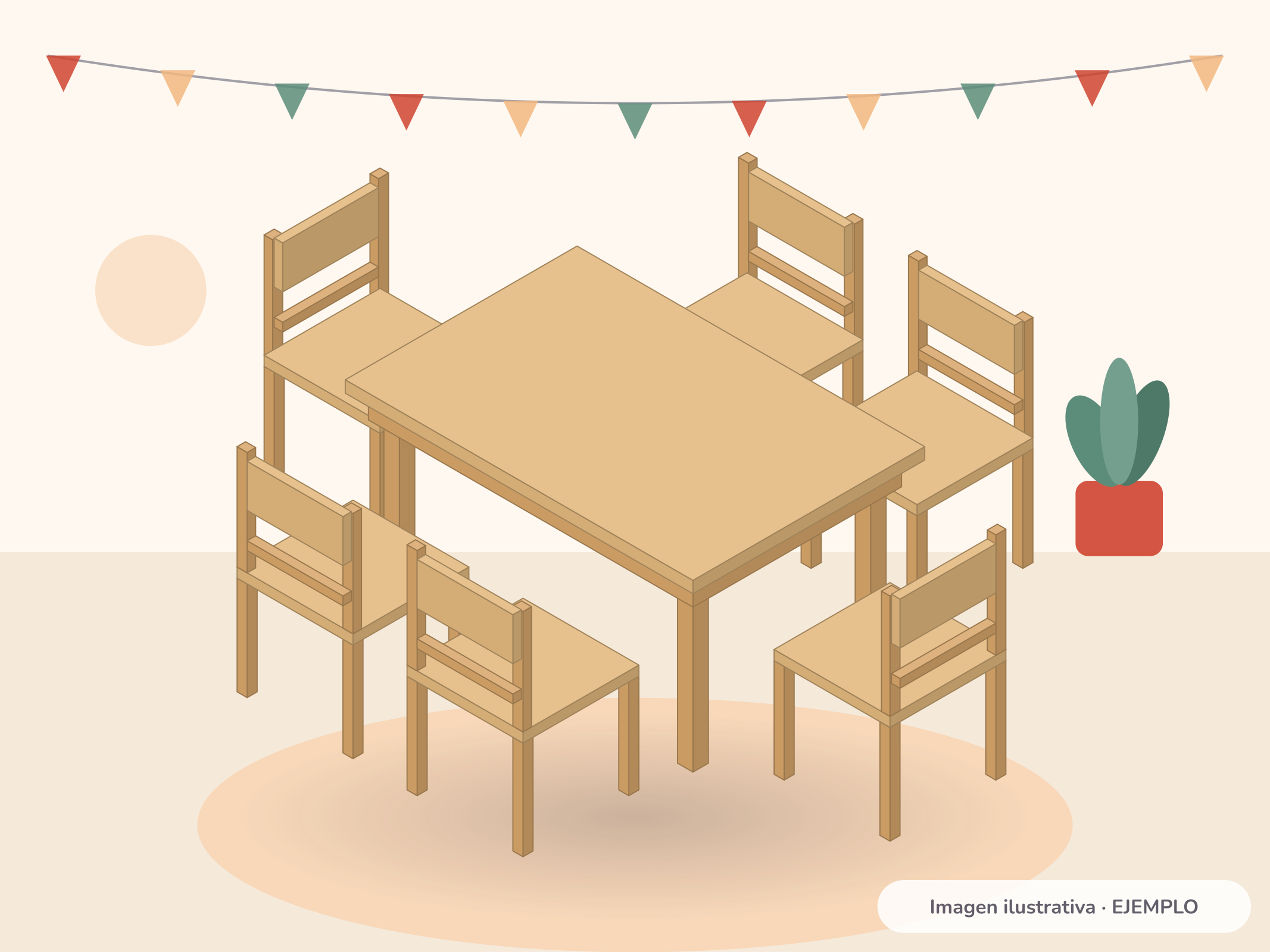 Ilustración de la mesa rectangular infantil de madera con 6 sillas