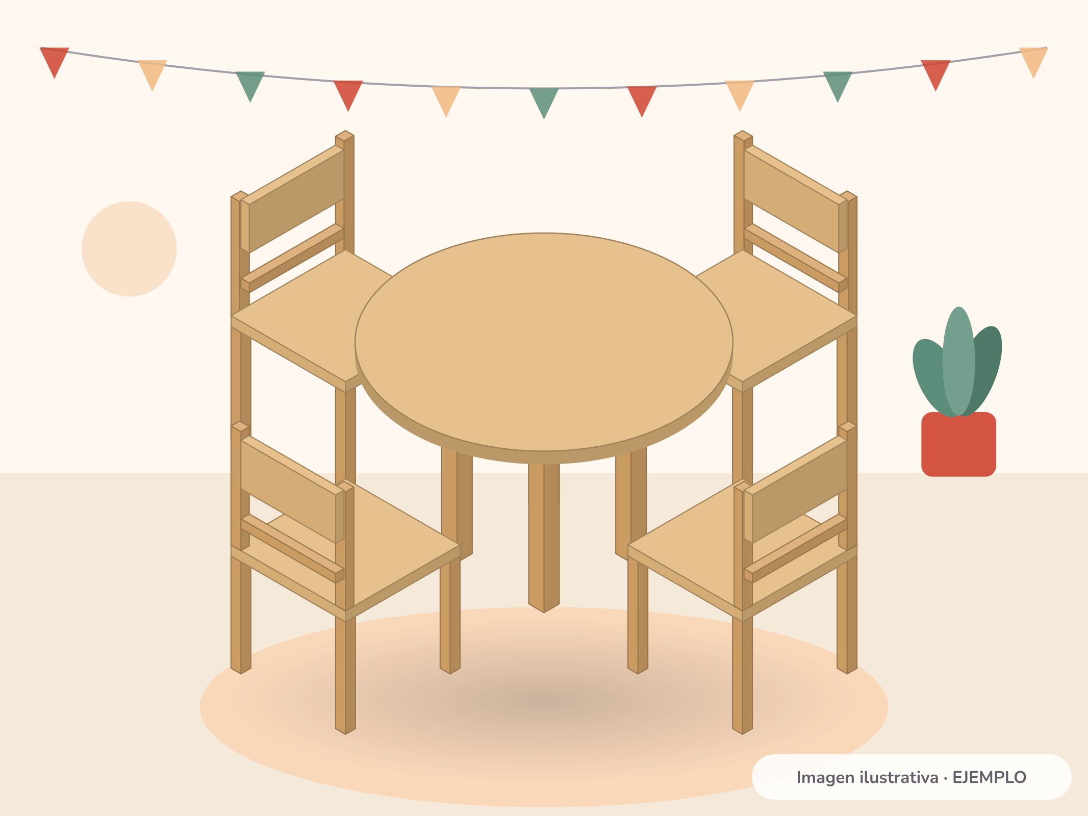 Ilustración de la mesa redonda infantil de madera con 4 sillas