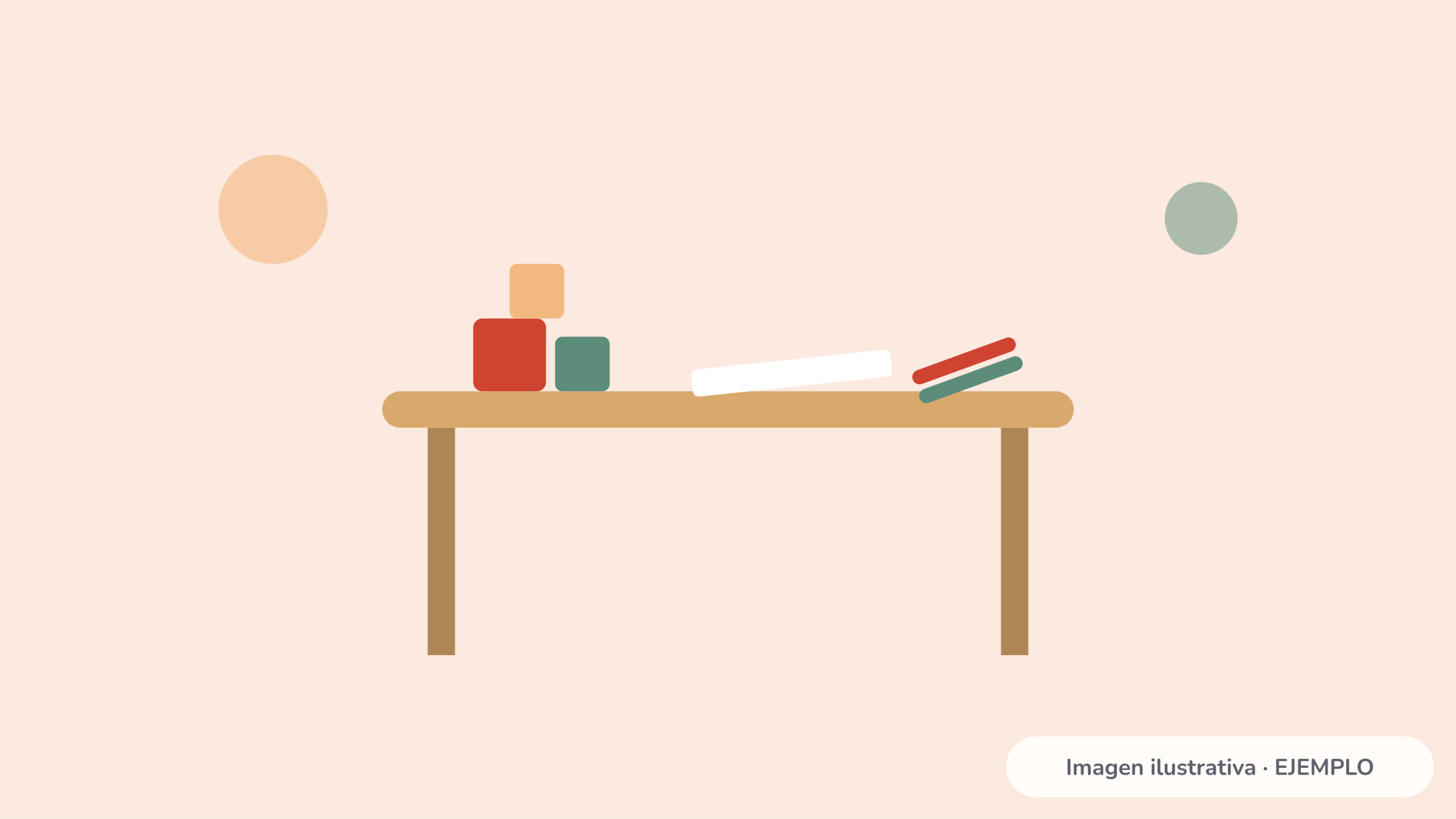 Ilustración de una mesa infantil con bloques de colores, crayones y una hoja de papel